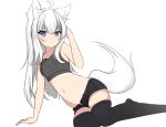  &gt;:) 1girl animal_ear_fluff animal_ears arm_support arm_up bare_arms bare_shoulders black_shorts black_thighhighs blue_eyes breasts closed_mouth collarbone commentary_request fox_ears fox_girl fox_tail grey_hair hair_between_eyes highres kuronagi_(mitora_uwu) looking_at_viewer navel no_shoes original shorts simple_background sitting small_breasts smile solo tail thighhighs v-shaped_eyebrows white_background yokozuwari 