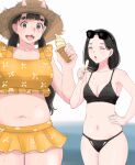  2girls bikini black_bikini black_hair blurry blurry_background breasts character_request check_commentary closed_eyes collarbone commentary commentary_request day dungeon_meshi eyewear_on_head food frilled_bikini frills hand_on_own_hip hat highres holding holding_food holding_ice_cream holding_ice_cream_cone horns hot ice_cream ice_cream_cone inutade large_breasts long_hair looking_at_viewer medium_breasts missing_tooth mole mole_under_eye multiple_girls ogre open_mouth osage_gankyou outdoors simple_background straw_hat sunglasses sweat swimsuit twintails yellow_bikini 