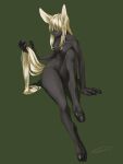  1girl animal_ears animal_hands arm_support bell7545 black_skin blonde_hair closed_eyes collarbone colored_eyelashes colored_skin convenient_leg facing_to_the_side fewer_digits full_body green_background highres holding_own_tail hooves knee_up large_hands long_hair monster_girl navel original signature simple_background solo tail 
