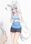  1girl 1other absurdres ahoge animal_ear_fluff animal_ears bandaid bandaid_on_cheek bandaid_on_face bare_arms bare_shoulders black_shorts blue_tank_top blush breasts cat_ears closed_mouth collarbone commentary_request fake_animal_ears feet_out_of_frame flying_sweatdrops fox_ears fox_girl fox_tail grey_background grey_hair hair_between_eyes hairband highres holding kuronagi_(mitora_uwu) original short_shorts shorts simple_background small_breasts solo_focus standing tail tank_top white_hairband 