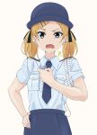  1girl absurdres blonde_hair blue_shirt blue_skirt collared_shirt disgust grey_eyes hair_ornament hairclip hat highres looking_at_viewer miyahara_takuya mole mole_under_eye necktie open_mouth police police_hat police_uniform policewoman shirobako shirt short_sleeves short_twintails skirt solo twintails uniform whistle yano_erika 