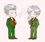  2boys akagi_shigeru animal_print black_eyes cigarette closed_eyes closed_mouth collared_shirt commentary_request fukumoto_mahjong full_body gin_to_kin green_jacket green_pants grey_hair hair_slicked_back hand_in_pocket heart heart_background highres hirai_ginji holding holding_cigarette jacket looking_at_another male_focus medium_bangs multiple_boys old old_man open_mouth pants pointy_hair print_shirt shirt short_hair smile standing striped_clothes striped_jacket suit ten_(manga) tiger_print vertical-striped_clothes vertical-striped_jacket waving wrinkled_skin y_(yism) 