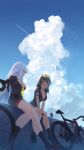  2girls absurdres aircraft airplane arukiru bicycle bike_jersey bike_shorts black_hair black_socks blue_sky breasts brown_hair cleavage cloud cloudy_sky commission contrail cumulonimbus_cloud eyewear_on_head grey_hair highres large_breasts long_hair multiple_girls open_mouth original partially_unzipped sitting skeb_commission sky socks talking tinted_eyewear yellow-tinted_eyewear 