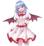  :d arm_ribbon bat_wings blue_hair blush bow bowtie breasts center_frills choker commentary dress eyebrows_visible_through_hair feet_out_of_frame frilled_choker frilled_dress frilled_shirt_collar frills hair_between_eyes head_tilt highres juliet_sleeves junior27016 leg_garter long_sleeves looking_at_viewer medium_breasts no_hat no_headwear open_mouth pointy_ears puffy_sleeves red_bow red_eyes red_neckwear red_ribbon remilia_scarlet revision ribbon short_hair simple_background sketch smile solo standing thighhighs touhou white_background white_dress white_legwear wings zettai_ryouiki 