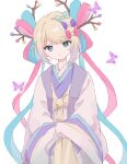  1girl blonde_hair blue_bow blue_eyes blue_hair blunt_bangs bow branch bug butterfly chouzetsusaikawa_tenshi-chan closed_mouth cowboy_shot gekkou_chou hair_bow hair_rings japanese_clothes kabe_(zp66104) kimono long_hair long_sleeves looking_at_viewer multicolored_hair multiple_hair_bows needy_girl_overdose official_alternate_costume pink_bow pink_hair purple_bow simple_background smile solo very_long_hair white_background wide_sleeves 