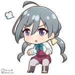  1girl ahoge aqua_bow aqua_bowtie boots bow bowtie chibi collared_shirt dated dress dress_shirt grey_eyes grey_hair grey_pantyhose hair_between_eyes hair_bun halter_dress halterneck kantai_collection kiyoshimo_(kancolle) long_hair low_twintails one-hour_drawing_challenge pantyhose puff_of_air purple_dress school_uniform shiromaru_(maniado) shirt simple_background single_hair_bun sitting solo twintails twitter_username very_long_hair white_background white_shirt 