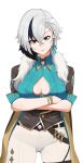  1girl arlecchino_(genshin_impact) aventurine_(honkai:_star_rail) aventurine_(honkai:_star_rail)_(cosplay) black_eyes black_hair breasts cleavage cleavage_cutout clothing_cutout commentary_request cosplay cowboy_shot crossed_arms genshin_impact head_tilt highres honkai:_star_rail honkai_(series) large_breasts leggings looking_at_viewer multicolored_hair pants simple_background solo standing streaked_hair thighs white_background white_hair white_pants yellow_glasses_(odivichno) 