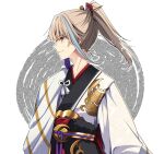  1boy archer_(fate/samurai_remnant) blonde_hair blue_hair chinese_clothes chinese_hairpin ebi_fly_55 fate/samurai_remnant fate_(series) fur_trim hair_ornament hanfu high_ponytail highres multicolored_hair sash simple_background solo streaked_hair tassel tassel_hair_ornament white_background white_hanfu xiao_guan_(headdress) yellow_eyes 