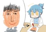  &lt;o&gt;_&lt;o&gt; bangs blue_hair blue_shirt blush_stickers child_drawing collared_shirt commentary_request crayon drawing eyebrows_visible_through_hair hair_flaps hair_tie labcoat long_sleeves paper personification ponytail shirt sidelocks smile solo table tsukigi twitter twitter-san twitter-san_(character) yellow_eyes 