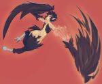  1girl bird_legs bird_tail black_feathers black_hair black_sclera black_wings colored_sclera commentary commission english_commentary eymbee feathered_wings feathers grin harpy monster_girl original pointy_ears red_background red_eyes smile solo tail talons wide_hips winged_arms wings 