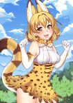  :d animal_ears bangs bare_shoulders blonde_hair blue_sky bow bowtie brown_eyes commentary day elbow_gloves extra_ears fang gloves hands_up high-waist_skirt kemono_friends lamb_(tibberz) looking_at_viewer miniskirt open_mouth outdoors paw_pose print_gloves print_neckwear print_skirt serval_(kemono_friends) serval_ears serval_print serval_tail shirt skirt sky sleeveless sleeveless_shirt smile solo standing striped_tail tail upper_body v-shaped_eyebrows 