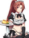  1girl alternate_costume apprentice_cleric_(goblin_slayer!) black_bow black_bowtie black_footwear black_thighhighs blush bow bowtie breasts cleavage detached_collar enmaided food goblin_slayer! highres holding holding_tray kankitukou large_breasts long_hair looking_at_viewer maid maid_headdress navel panties plate ponytail purple_eyes shiny_skin simple_background solo striped_clothes striped_panties teeth thighhighs tray underwear very_long_hair white_background 