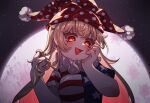  1girl :d artist_name blonde_hair blue_shirt clownpiece commentary_request fang hair_twirling hand_on_own_cheek hand_on_own_face hands_up hat highres jester_cap long_hair looking_at_viewer moon multicolored_shirt neck_ruff night night_sky open_mouth pom_pom_(clothes) red_eyes red_headwear red_shirt shirt short_sleeves skin_fang sky smile solo star_(symbol) star_print striped_clothes striped_shirt tojorin touhou upper_body white_shirt 