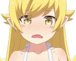  1girl bare_shoulders blonde_hair blush blush_stickers camui1104 collarbone fang hair_flaps highres long_hair monogatari_(series) nose_blush open_mouth oshino_shinobu pointy_ears portrait simple_background skin_fang solo white_background yellow_eyes 