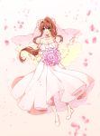  :d artist_name bare_shoulders bouquet breasts bridal_veil bride brown_hair choker cleavage collarbone commentary doki_doki_literature_club dress english_commentary eyebrows_visible_through_hair eyes_visible_through_hair flower full_body green_eyes highres large_breasts long_hair looking_at_viewer monika_(doki_doki_literature_club) open_mouth petals ponytail savi_(byakushimc) shoes smile solo strapless strapless_dress veil wedding_dress white_choker white_dress white_footwear 