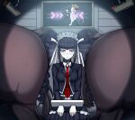 animal_genitalia anus bestiality between_butts black_hair blush brown_body camera celestia_ludenberg clothing collar cowboy_hat cuff_(restraint) danganronpa danganronpa:_trigger_happy_havoc dress drill_curls ear_piercing ear_ring equid equine equine_anus female female_on_feral feral genitals group hair handcuffed handcuffs hat headgear headwear hi_res horse human human_on_feral imminent_sex interspecies lasso looking_at_viewer male male/female mammal metal_cuffs monokuma necktie ntremi piercing pigtails plushie puffy_anus red_eyes restraints ring_piercing rope sheath size_difference spotlight steam tail teddy_bear unimpressed white_body white_skin