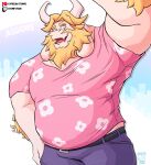 2024 anthro arm_hair asgore_dreemurr beard belly belt big_muscles body_hair boss_monster_(undertale) bottomwear bovid caprine clothed clothing denim denim_bottomwear denim_clothing eyebrows facial_hair flower_shirt fur goat hair hi_res horn jeans long_ears looking_at_viewer male mammal musclegut muscular muscular_anthro muscular_male open_mouth open_smile pants patreon pattern_clothing pattern_shirt pattern_topwear shirt simple_background smile solo standing stompsthecroc text topwear tuft twitch.tv undertale_(series) url