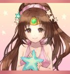  bare_shoulders brown_eyes brown_hair circlet commentary_request fire_emblem fire_emblem:_monshou_no_nazo fire_emblem_heroes hair_ornament holding jurge linda_(fire_emblem) long_hair pink_swimsuit ponytail smile solo starfish swimsuit 