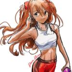  1girl blue_eyes blush breasts brown_hair dan_da_dan86 hair_between_eyes interface_headset long_hair looking_at_viewer lowres medium_breasts navel neon_genesis_evangelion solo souryuu_asuka_langley two_side_up 