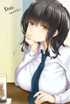  1girl black_hair blue_necktie breasts collared_shirt commentary_request commission cup drinking_glass drinking_straw drinking_straw_in_mouth hand_on_own_chin hatakenaka_(kamagabuchi) highres large_breasts looking_at_viewer medium_hair necktie original school_uniform shirt skeb_commission solo white_shirt yellow_eyes 