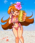  beach bikini blue_eyes flower mona_(warioware) nintendo orange_hair soda swimsuit tagme 