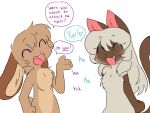 anthro averi_(fiddleafox) blush brown_body brown_fur clover_(fiddleafox) domestic_cat duo ears_down felid feline felis female fiddleafox fur hair lagomorph laugh leporid long_hair male male/female mammal pivoted_ears rabbit tail