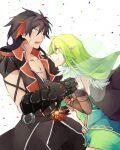  1boy 1girl armor black_armor black_hair breasts couple elf elsword green_eyes green_hair hair_between_eyes large_breasts long_hair multicolored_hair nan_(nanyayyay) nova_imperator_(elsword) open_mouth pointy_ears raven_cronwell red_hair rena_erindel scar scar_on_chest streaked_hair twilight_(elsword) two-tone_hair yellow_eyes 