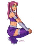  1girl angry colored_sclera colored_skin dc_comics green_sclera high_heels highres jenxd_d long_hair looking_at_viewer orange_skin ponytail purple_tank_top starfire tank_top teen_titans 