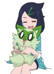  1girl :d black_hair black_shorts blush closed_eyes colored_inner_hair eyelashes green_jacket hair_ornament hairclip highres holding holding_pokemon ia_(ilwmael9) jacket liko_(pokemon) multicolored_hair on_lap open_mouth pokemon pokemon_(anime) pokemon_(creature) pokemon_horizons pokemon_on_lap shorts sitting smile sprigatito teeth tongue upper_teeth_only white_background 