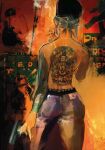  1girl arabic_text arm_tattoo ass back_tattoo buddhism choujin_x cigarette city denim english_text facing_away glock graffiti gun handgun hat holding holding_cigarette ishida_sui jeans neck_tattoo official_art pants silhouette smoke smoking tattoo tower urban weapon yubiko_(choujin_x) 