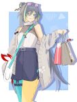  1girl alternate_costume animal_bag asymmetrical_legwear bag bare_shoulders belt black_bow blonde_hair blue_background blue_belt blue_eyes blue_hair blue_skirt blue_thighhighs border bow closed_mouth dress eyewear_on_head fu_hua grey_bag grey_border grey_hair grey_jacket hair_between_eyes hair_bun hair_ornament hairpin highres holding holding_bag honkai_(series) honkai_impact_3rd jacket jingwei_(bird) light_smile long_hair long_sleeves medium_skirt mismatched_legwear multicolored_hair open_clothes open_jacket pink_bag polka_dot polka_dot_legwear purple-framed_eyewear shirt shirt_bow sho_2nini shopping_bag shoulder_bag single_hair_bun single_off_shoulder skirt sleeveless sleeveless_dress solo streaked_hair sunglasses thighhighs twitter_username white_bag white_bow white_shirt yellow_thighhighs 