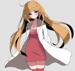  ahoge blue_eyes blush breasts cleavage coat commentary dress grey_background herunia_kokuoji highres long_hair looking_at_viewer mona_(warioware) orange_hair parted_lips simple_background solo thighhighs very_long_hair warioware 