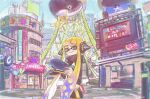  1girl agent_3_(splatoon) bike_shorts black_shorts blonde_hair blue_hair blue_headwear building closed_mouth film_grain gradient_hair hat headgear high-visibility_vest holding holding_clothes holding_hat in-universe_location inkling inkling_girl inkling_player_character long_hair long_sleeves multicolored_hair outdoors peaked_cap radio_tower red_eyes shorts single_vertical_stripe smile solo splatoon_(series) tentacle_hair thenintlichen96 two-tone_hair very_long_hair zapfish 