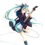  aqua_eyes aqua_hair black_coat black_footwear blush electric_guitar floating_hair grin guitar hatsune_miku headphones highres holding holding_instrument instrument leg_up long_hair red_shirt shirt simple_background smile solo standing standing_on_one_leg utatanecocoa very_long_hair vocaloid white_background 