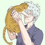  1boy :i akagi:_yami_ni_oritatta_tensai akagi_shigeru animal cat closed_mouth collared_shirt commentary fugusashi_(fgss2089) fukumoto_mahjong green_background grey_hair grey_shirt holding holding_animal holding_cat male_focus pointy_nose shirt short_hair short_sleeves simple_background solo upper_body yellow_cat 