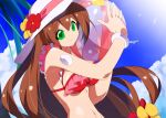  1girl ball beachball bikini blue_sky breasts brown_hair cloud flower_head frilled_bikini frills holding holding_ball iris_(mega_man) joints kaidou_zx long_hair looking_at_viewer medium_breasts mega_man_(series) mega_man_x_(series) mega_man_x_dive official_alternate_costume palm_tree red_bikini sky solo swimsuit tree very_long_hair 