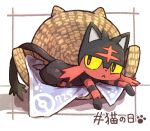  :&lt; animal_focus cat cat_day closed_mouth commentary_request kotobukkii_(yt_lvlv) litten lying no_humans on_stomach pet_bed pokemon pokemon_(creature) solo 