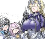  &gt;_&lt; 1girl 2boys arm_up armor armored_dress artist_request astolfo_(fate) bangs belt belt_buckle black_ribbon black_shirt blonde_hair blue_cloak blue_dress blue_eyes bow braid breasts bridal_gauntlets buckle cape capelet chains charlemagne_(fate) cloak dress eyebrows_visible_through_hair eyes_closed fate/extella fate/extella_link fate/extra fate_(series) gauntlets gloves grey_hair hair_between_eyes hair_bow hair_intakes hair_ornament hair_ribbon headpiece high_collar jeanne_d&#039;arc_(fate) jeanne_d&#039;arc_(fate)_(all) large_breasts long_hair multicolored_hair multiple_boys open_mouth pauldrons pink_hair ribbon shiny shiny_hair shirt simple_background single_braid smile source_request spiked_hair standing streaked_hair trap two-tone_hair white_cape white_cloak white_hair white_shirt 