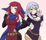  1girl 2girls absurdres bare_shoulders black_cape black_gloves black_leggings blue_scarf bodysuit bracelet breasts cape choker cleavage closed_mouth clothing_cutout cosplay costume_switch dress elbow_gloves facial_mark fingerless_gloves fire_emblem fire_emblem:_radiant_dawn fire_emblem_engage gloves grey_hair hair_ornament hair_ribbon half_updo highres jewelry large_breasts latikamu leggings long_hair looking_at_viewer medium_breasts micaiah_(fire_emblem) multiple_girls one_eye_closed pink_background purple_bodysuit red_eyes red_hair ribbon scarf side_cutout simple_background sleeveless sleeveless_dress smile solo star_(symbol) star_facial_mark star_hair_ornament twitter_username yellow_eyes yunaka_(fire_emblem) 