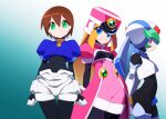  3girls aile_(mega_man_zx) armor black_bodysuit blonde_hair blue_eyes bodysuit bodysuit_under_clothes brown_hair coat cropped_jacket crotch_plate from_side green_eyes green_hair hat helmet kaidou_zx log looking_at_viewer mega_man_(series) mega_man_zx model_w_(mega_man) multiple_girls pandora_(mega_man) pink_coat power_armor prairie_(mega_man) purple_headwear red_eyes robot_ears robot_girl shako_cap short_hair shorts upper_body white_shorts 