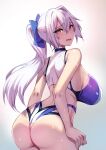  1girl ass ass_focus blue_bow blue_one-piece_swimsuit blush bow breasts cowboy_shot fate/grand_order fate_(series) hair_between_eyes hair_bow highleg highleg_swimsuit highres large_breasts long_hair mahou_io one-piece_swimsuit ponytail red_eyes solo sweat swimsuit thigh_strap tomoe_gozen_(swimsuit_saber)_(first_ascension)_(fate) two-tone_swimsuit white_hair white_one-piece_swimsuit 