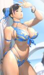  1girl arm_up bare_shoulders bikini blue_bikini blue_footwear blue_ribbon blue_sky bracelet breasts bun_cover chun-li collarbone day flower hair_bun hair_flower hair_ornament highres jewelry kotoyoshi_yumisuke large_breasts lips looking_at_viewer navel ocean one_eye_closed outdoors parted_lips ribbon signature single_hair_bun sky solo standing stomach street_fighter sunlight swimsuit tanline_peek thick_thighs thighs toned yellow_eyes 