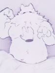 2024 3:4 3_fingers 4_fingers anthro belly_rub biped blanket_only blush bryookie disembodied_hand duo fingers fluffy fur hi_res lying male on_back overweight overweight_anthro overweight_male solo_focus species_request white_body white_fur