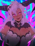  1girl artist_name black_horns breasts dark-skinned_female dark_skin detached_sleeves dragon_horns earrings fangs fediel_(granblue_fantasy) granblue_fantasy granblue_fantasy:_relink grey_hair highres horns jewelry koyorin large_breasts long_hair looking_at_viewer open_mouth pointy_ears purple_eyes solo upper_body 