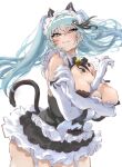  1girl animal_ears bell black_bow black_bowtie black_dress black_tail blue_hair blurry blush bow bowtie breast_press breasts cat_ears cat_girl cat_tail cowboy_shot depth_of_field dress elbow_gloves eyelashes frilled_dress frills gloves goddess_of_victory:_nikke half-closed_eyes hands_up highres large_breasts long_hair looking_at_viewer maid maid_headdress neck_bell paw_hair_ornament privaty_(nikke) privaty_(unkind_maid)_(nikke) shun_hayakawa sidelocks simple_background solo standing sweatdrop tail thick_thighs thighs twintails white_background white_gloves 