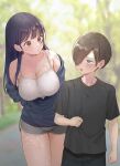  1boy 1girl :o @_@ bare_shoulders black_hair black_shirt blue_hair blue_jacket blurry blurry_background blush boku_no_kokoro_no_yabai_yatsu breasts camisole cleavage collarbone dark_blue_hair dolphin_shorts eye_contact grey_shorts hair_over_one_eye highres ichikawa_kyoutarou jacket large_breasts long_hair looking_at_another one_eye_covered outdoors shirt short_shorts shorts straight_hair sweat sweatdrop takio_(kani_sama) very_long_hair white_camisole yamada_anna 