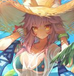  adjusting_hair animal_ear_fluff animal_ears bangs bikini blue_bikini blue_scarf bracelet breasts cleavage closed_mouth collarbone commentary_request day ears_through_headwear fang fate/grand_order fate_(series) fox_ears hat highres horizon jewelry large_breasts long_hair looking_at_viewer ocean orange_eyes outdoors palm_tree pink_hair scarf see-through shirt short_sleeves smile sun_hat swimsuit tamamo_(fate)_(all) tamamo_no_mae_(swimsuit_lancer)_(fate) teko tree upper_body wet wet_clothes wet_shirt wet_t-shirt 