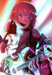  1girl bass_guitar black_bow blunt_bangs bocchi_the_rock! bow braid dress green_dress highres hiroi_kikuri instrument jacket long_hair multicolored_clothes multicolored_jacket open_mouth playing_guitar purple_eyes red_hair sharp_teeth single_braid smile solo sweat teeth two-tone_jacket user_hvzy4342 