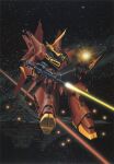  1980s_(style) bawoo beam_rifle energy_gun firing gundam gundam_zz hasegawa_masayuki mecha mobile_suit neo_zeon no_humans official_art painting_(medium) retro_artstyle robot scan science_fiction space star_(sky) starry_background sun traditional_media weapon zero_gravity 