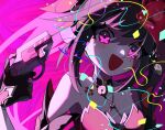  1girl :d absurdres bare_shoulders bell black_choker black_gloves blush brown_hair choker close-up confetti criss-cross_halter dress fox_mask gloves gun halterneck hand_up highres holding holding_gun holding_weapon honkai:_star_rail honkai_(series) long_hair mask mask_on_head nanana_7_n neck_bell o-ring open_mouth pink_background pink_eyes portrait red_dress revolver sidelocks simple_background sleeveless sleeveless_dress smile snubnosed_revolver solo sparkle_(honkai:_star_rail) toy_gun twintails weapon 